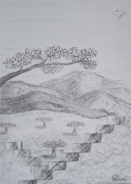 Blickwinkel, Kohlezeichnung, 30 x 42 cm